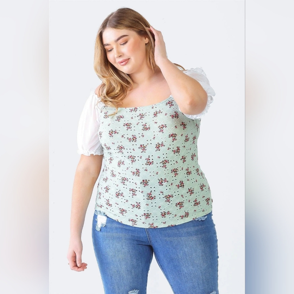 Blue Leopard Mint Floral Mesh Square Neck Puff Sleeve Top 1X-3X | Made in USA